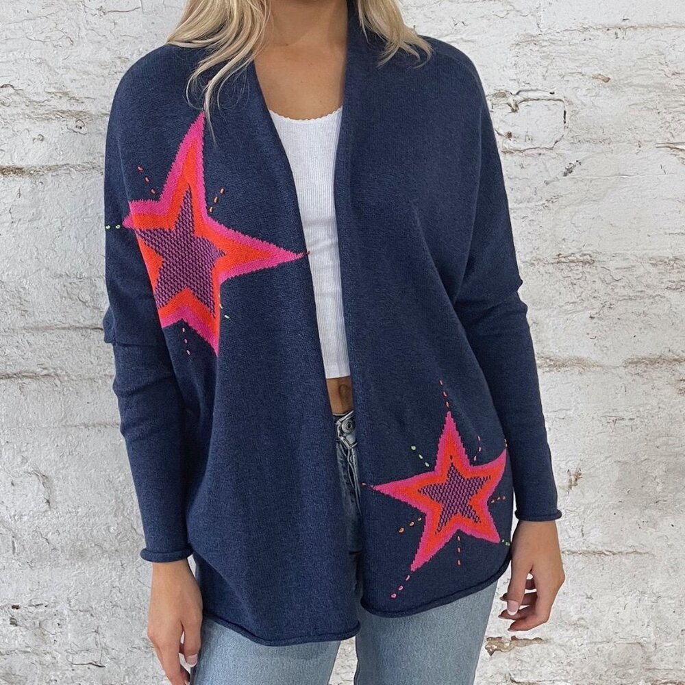 Zaket & Plover Super-Star Navy with Pink Star Open Front Knit Cardigan Size XS/S